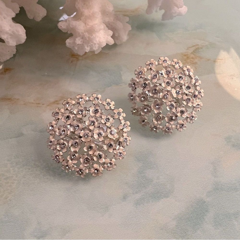 Vintage Enamel Rhinestone Flower Cluster Button Statement Earrings